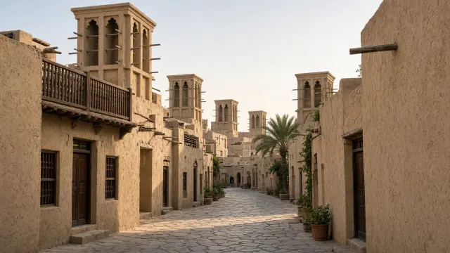 Een smalle straat in de wijk Al Fahidi in Dubai met traditionele windtorens op de daken