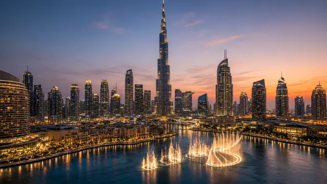 De skyline van Downtown Dubai met de verlichte Burj Khalifa bij avond