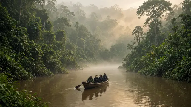 Kleine groep reizigers in een houten kano op een rivier door het Amazoneregenwoud van Ecuador