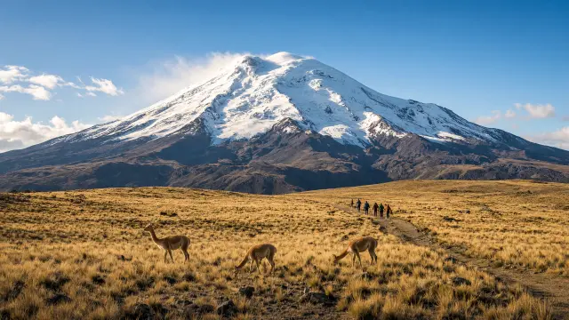 Kleine groep wandelaars op een pad door de páramo met vicuña's onder de besneeuwde Chimborazo in Ecuador