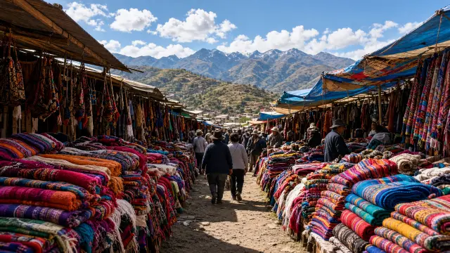 Kleurrijke markt met geweven stoffen in Otavalo in Ecuador, met de Andes op de achtergrond