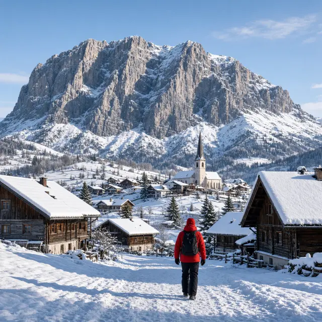 Besneeuwde Tiroolse bergen en skipistes boven het dorp Ellmau onder de ruige kalkwand van de Wilder Kaiser