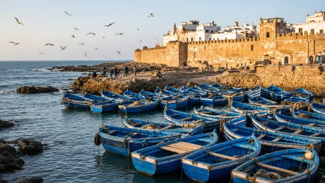 Blauwe vissersboten in de haven van Essaouira met de oude stadsmuren