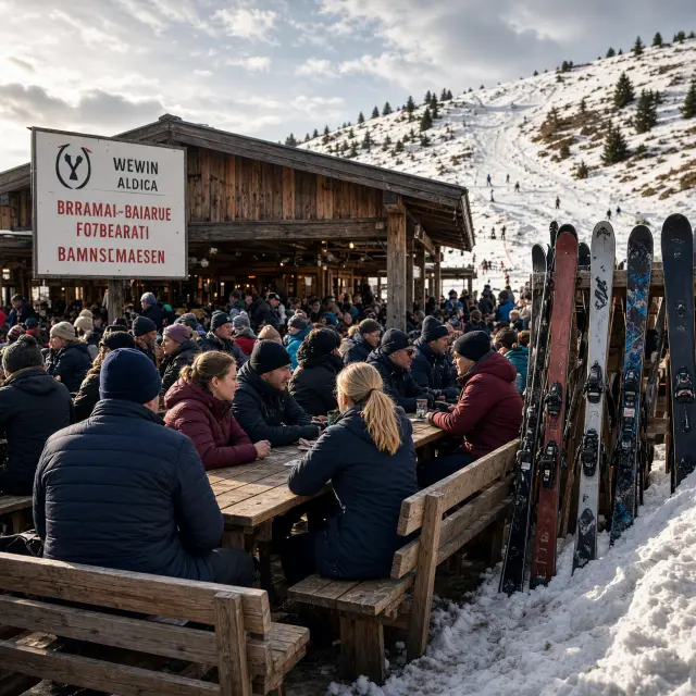 Drukke après-skibar met terras en skiërs in de sneeuw in het dorp Hinterglemm in Oostenrijk