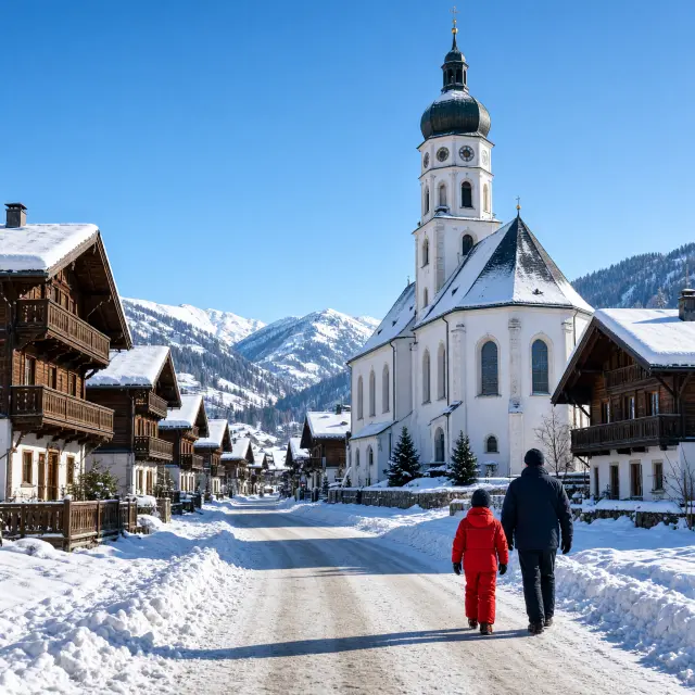 Rustig skidorp met chalets en besneeuwde bergflanken in het Ski Amadé-gebied bij Flachau