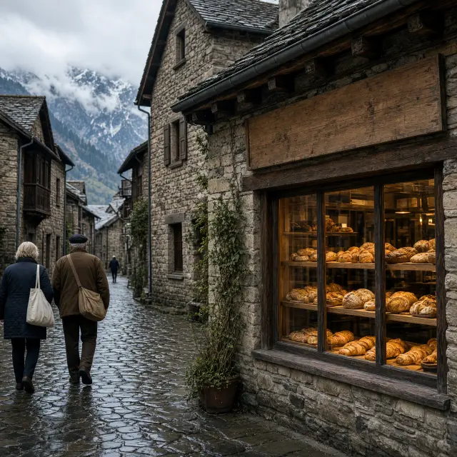 Authentiek dorpscentrum van Samoëns met stenen huizen, fontein en bergen op de achtergrond, onderdeel van Le Grand Massif