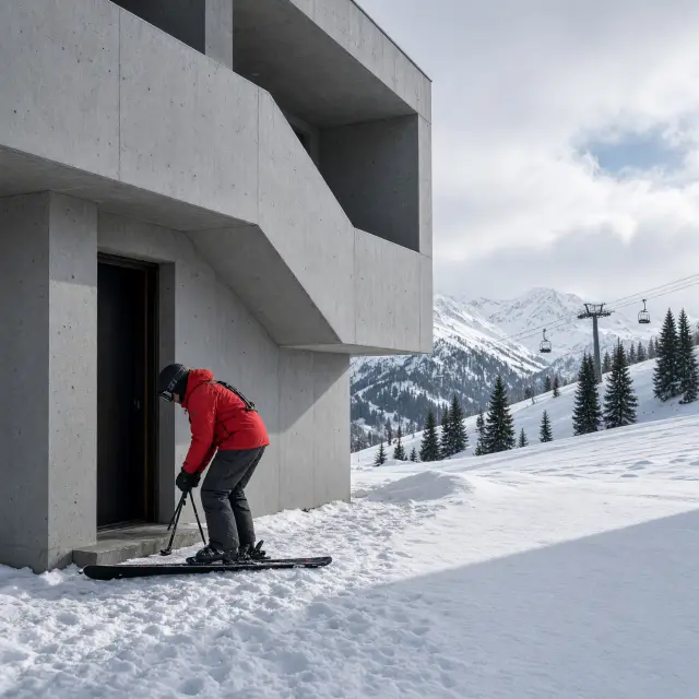 Autovrij skistation Flaine met Bauhaus-gebouwen en besneeuwde pistes op hoogte onder een heldere blauwe lucht