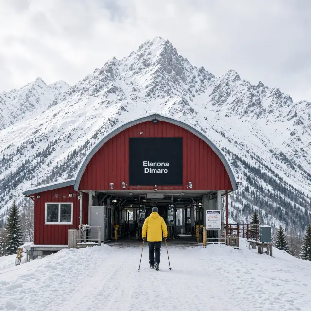 Besneeuwde straat met chalets en hotels in het dorpje Dimaro in de vallei van Val di Sole