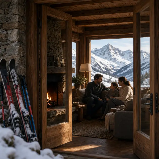 Ruime houten chalet met besneeuwd terras en bergen in het skigebied rond Galtür en Kappl