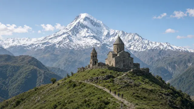 De Gergeti-kerk op een groene heuvel boven Stepantsminda met de besneeuwde Kazbek erachter en enkele wandelaars op het pad