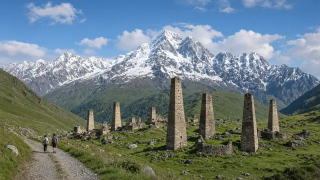 Middeleeuwse wachttorens van Ushguli in Svaneti met besneeuwde bergtoppen en twee wandelaars op een pad