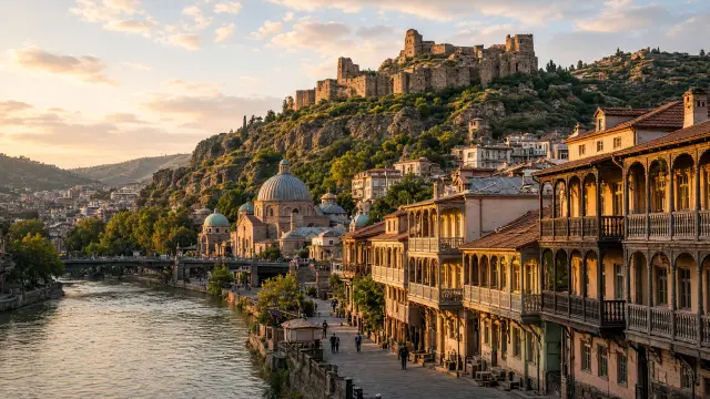 Oude stad van Tbilisi met houten balkons langs de rivier de Mtkvari en de vesting Narikala op de heuvel