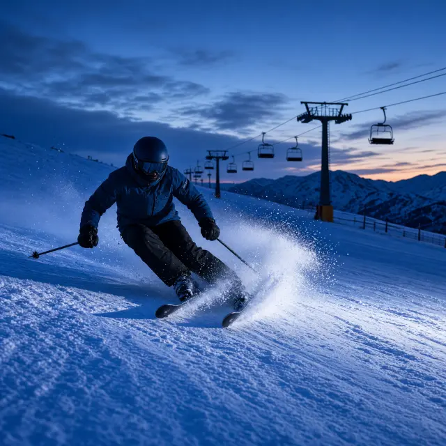 Besneeuwd skidorp Gerlos met houten chalets en pistes op het Gerlos Plateau bij avondlicht