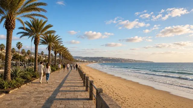 Boulevard met palmbomen en strand op Gran Canaria in de winterzon