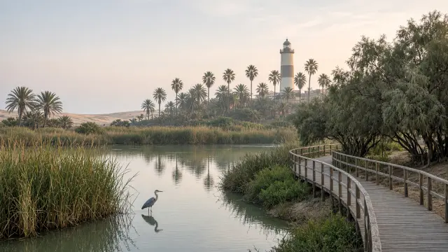 Lagune met riet en tamarisken bij Maspalomas, met een reiger in het water en de vuurtoren op de achtergrond