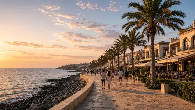 Brede boulevard met palmbomen, terrassen en resorts in Meloneras op Gran Canaria bij zonsondergang