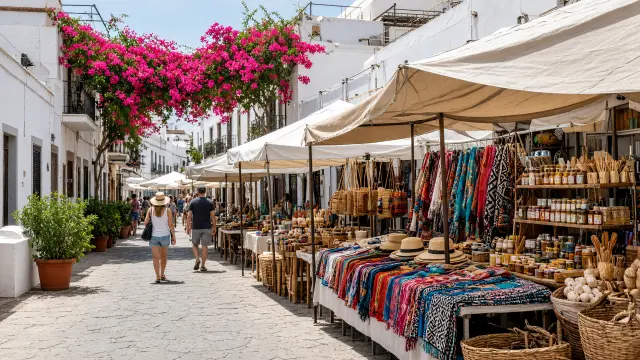 Openluchtmarkt met kraampjes onder witte luifels in de straatjes van Puerto de Mogán