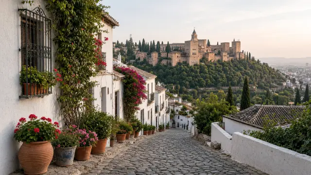 Smalle straatjes in de Albaicín in Granada met witte huizen en bloempotten