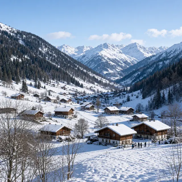 Houten chalets en besneeuwde bergweiden in het Tal der Almen bij Großarl, met skiërs op de piste in de zon