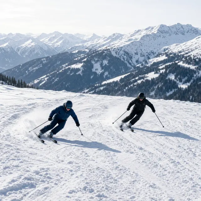 Skiërs dalen af op een besneeuwde piste met bergtoppen en sparrenbossen in het Oostenrijkse Salzburgerland
