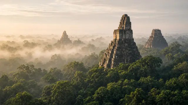 Een steile Maya-tempel in Tikal die boven het regenwoud uitsteekt, met ochtendnevel