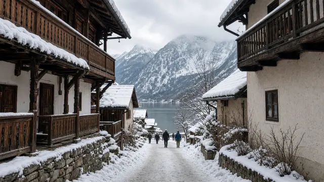 Besneeuwd straatje met oude houten huizen in Hallstatt met het meer en de bergen op de achtergrond