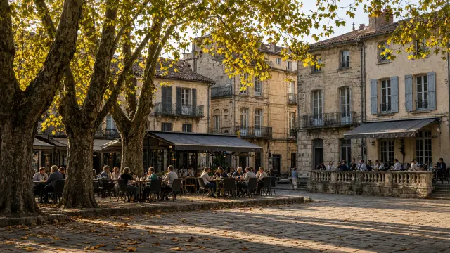 Terrassen op een historisch plein in een Zuid-Europese stad met gele herfstbladeren in de namiddagzon