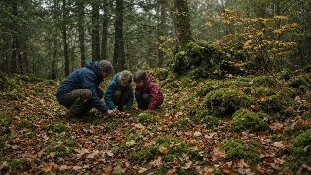 Gezin zoekt paddenstoelen in een herfstbos