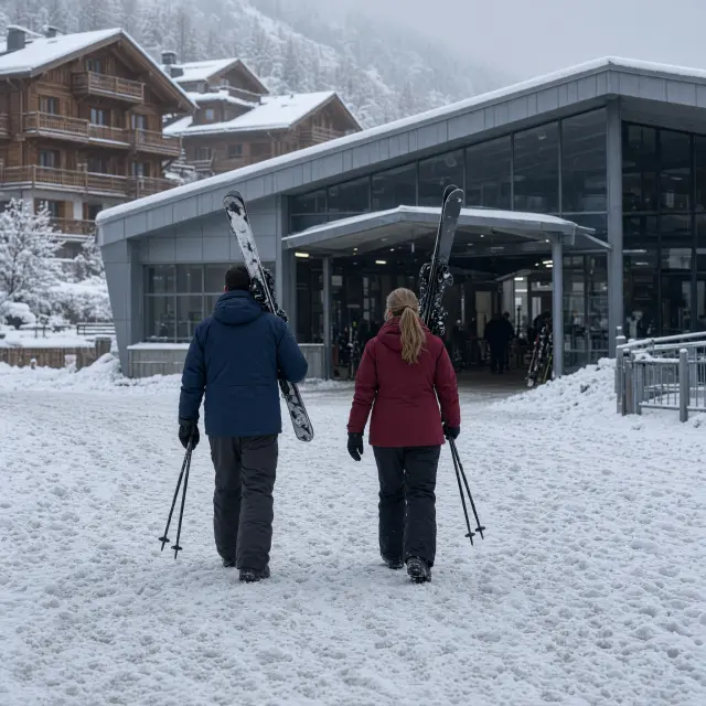 Besneeuwd skidorp Hinterglemm met chalets en pistes in het Oostenrijkse Glemmtal bij zonsondergang