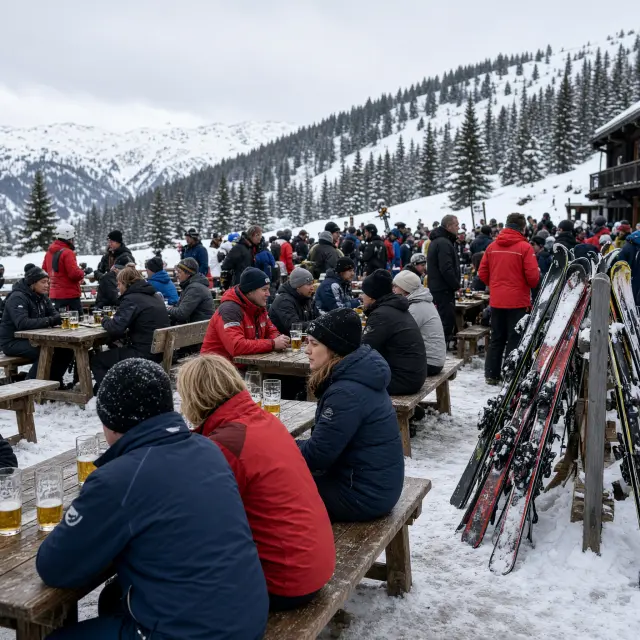 Drukke après-skibar met terras en skiërs in de late namiddag in het centrum van Saalbach