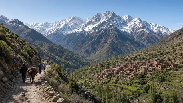 Wandelaars en een muilezel op een bergpad bij Imlil in de Hoge Atlas, met besneeuwde toppen