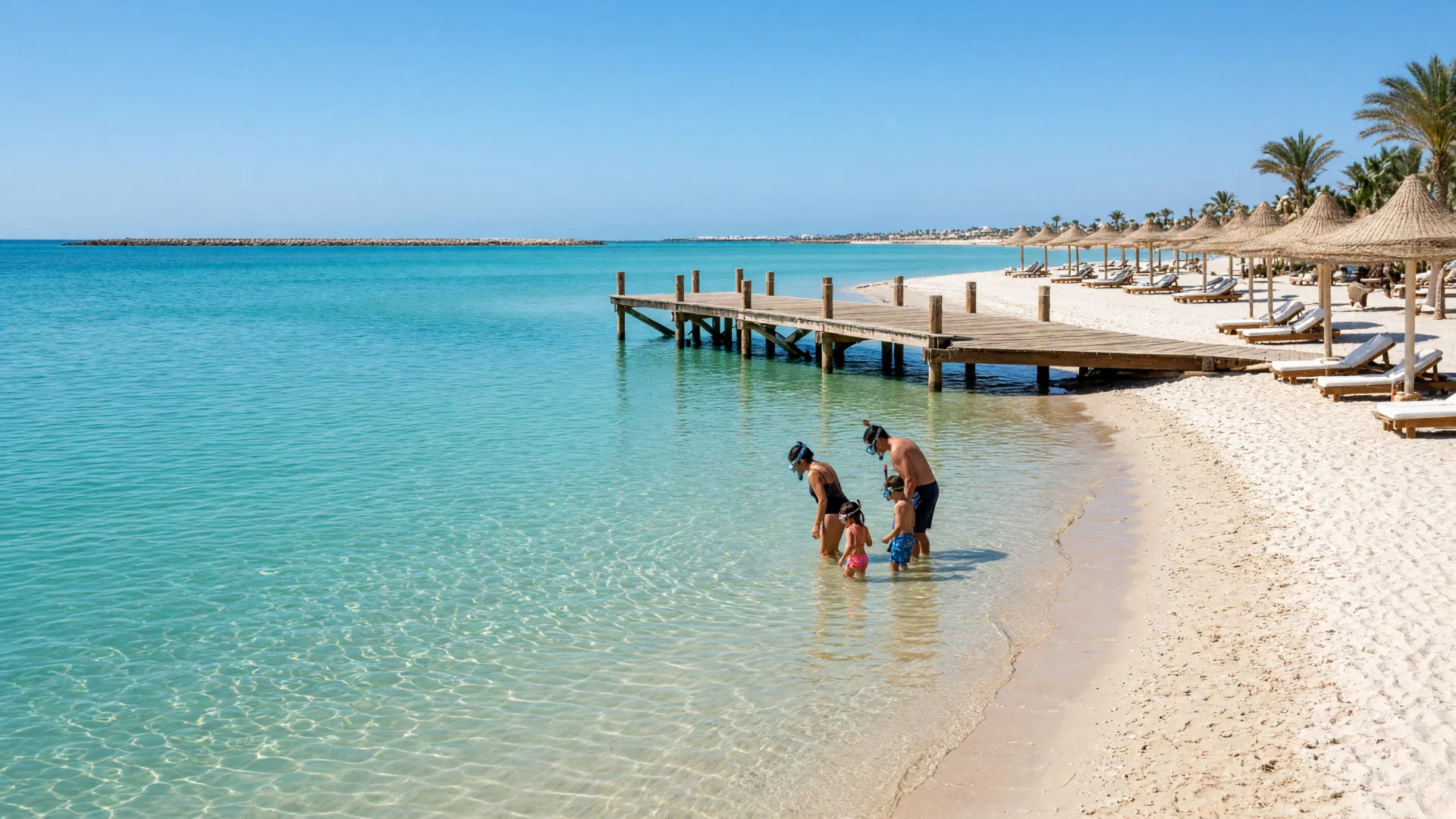 gezin met kinderen snorkelt in het ondiepe water van de Rode Zee in Hurghada