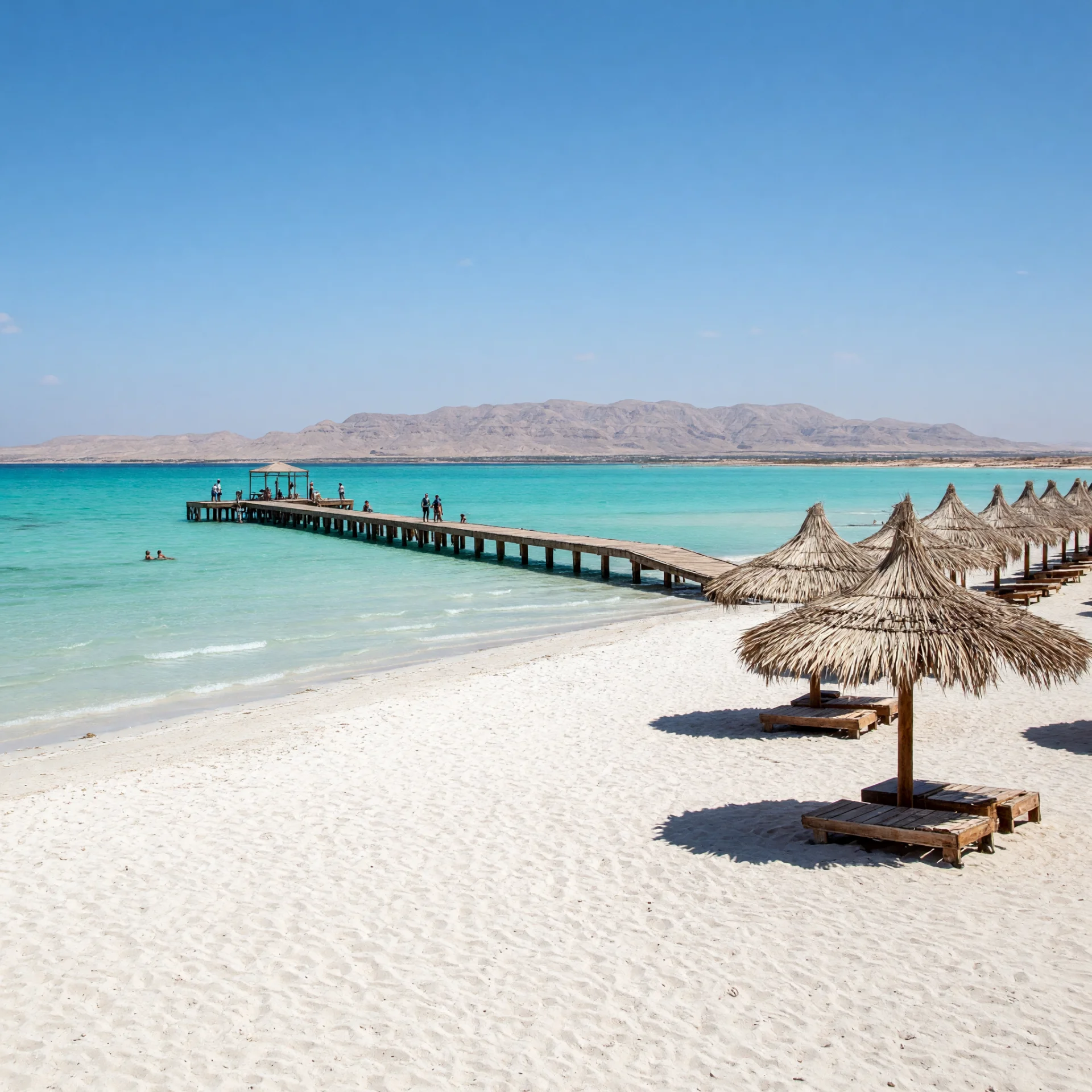 wit zandstrand met steiger in Hurghada aan de Rode Zee, Egypte