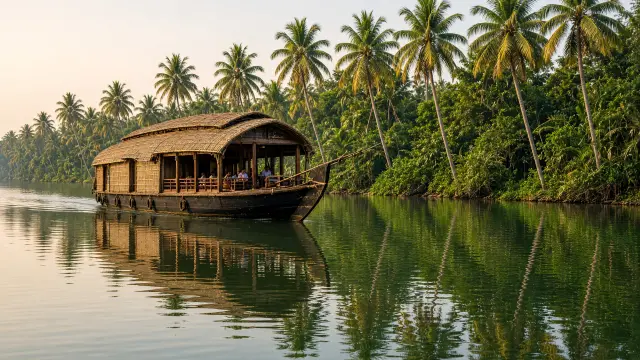 Traditionele houseboat op de backwaters van Kerala tussen kokospalmen