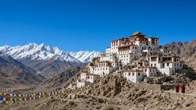 Het witte klooster Thiksey bij Leh in Ladakh met besneeuwde bergen en gebedsvlaggen