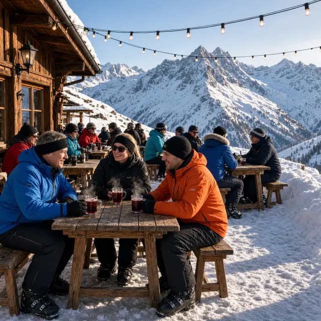 Besneeuwde straat met sfeervolle bars en restaurants in een Tirools bergdorp bij avondlicht