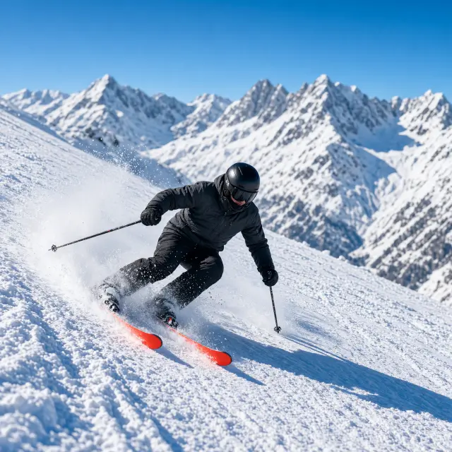 Skiërs dalen af op een perfecte piste in Ischgl, Tirol, met besneeuwde bergtoppen en moderne skiliften op de achtergrond onder een strakblauwe wintersporthemel