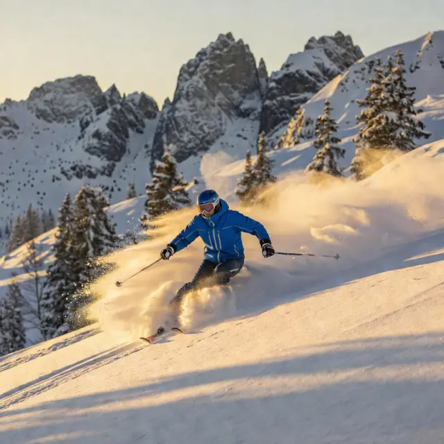 Skiërs dalen af op een perfecte piste in Ischgl, Tirol, met besneeuwde bergtoppen en moderne skiliften op de achtergrond onder een strakblauwe wintersporthemel