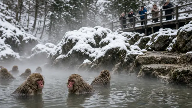 Sneeuwapen in een dampende warmwaterbron bij Jigokudani in de winter, met bezoekers op de achtergrond