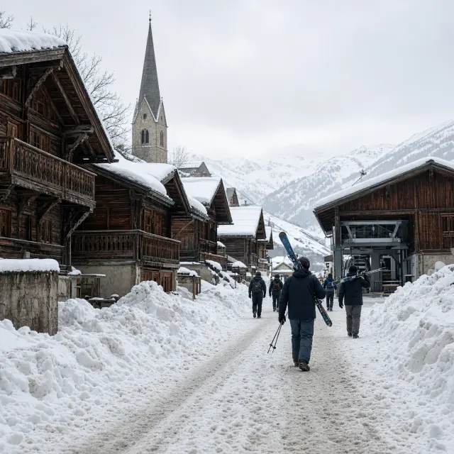 Besneeuwde chalets in het dorp Kappl met de bergen van het Paznaun op de achtergrond