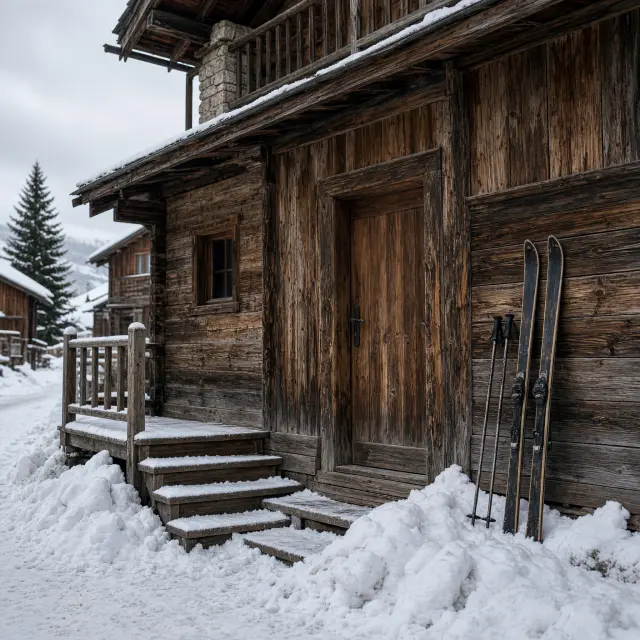 Houten chalet met sneeuw op het dak in het dorp Kaprun, met bergen op de achtergrond
