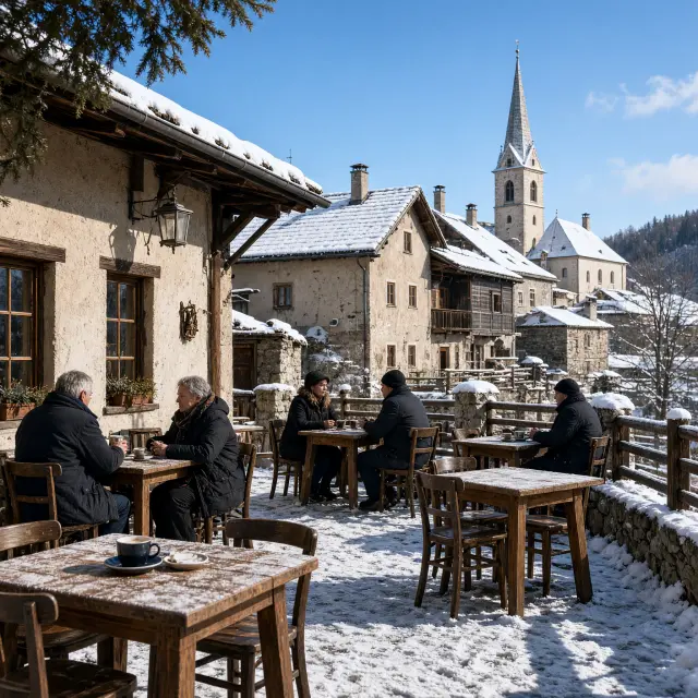 Het dorpsplein van Kastelruth met kerktoren en Dolomietenpieken op de achtergrond in de winter