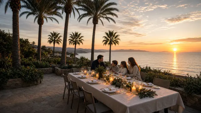 Feestelijk gedekte tafel op een hotelterras aan zee bij zonsondergang