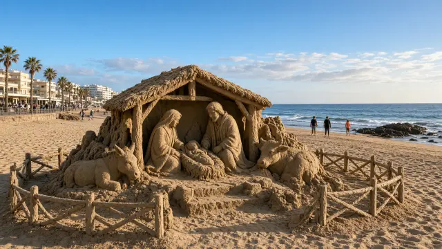 Kerststal van zand op een strand op de Canarische Eilanden