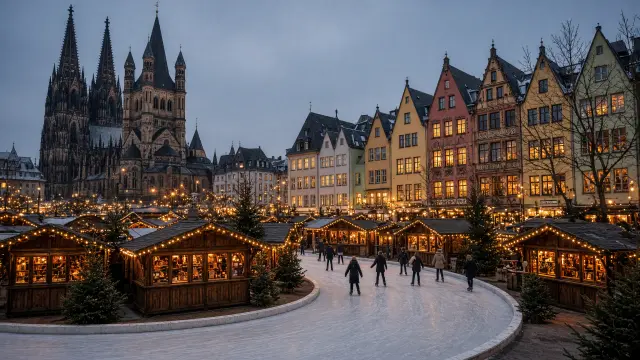 Kerstmarkt met schaatsbaan in de oude stad van Keulen
