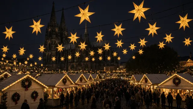 Kerstmarkt met verlichte sterren boven witte kraampjes