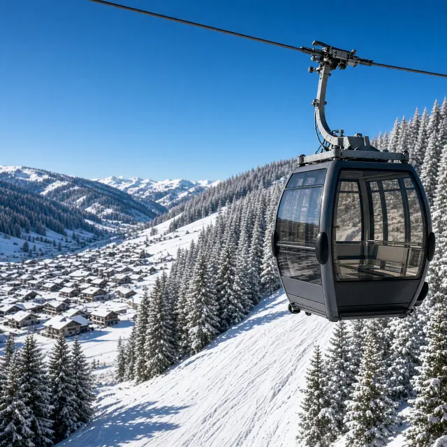 Brede blauwe piste in Kirchberg in Tirol met skiërs, gondel op de achtergrond en bergen bedekt met sneeuw