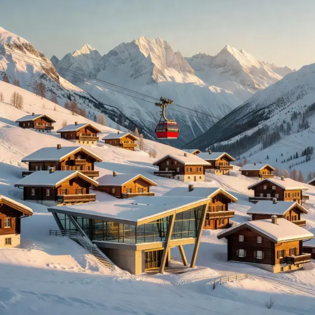 Modern skidorp Mittersill met gondellift opstijgend naar besneeuwde bergtoppen in de Oostenrijkse Alpen bij zonsondergang