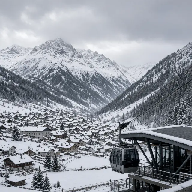 Modern skidorp Mittersill met gondellift opstijgend naar besneeuwde bergtoppen in de Oostenrijkse Alpen bij zonsondergang