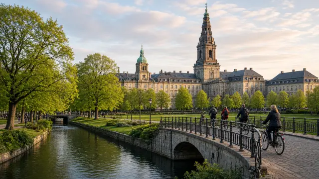 Een park en een kanaal in het centrum van Kopenhagen in het ochtendlicht